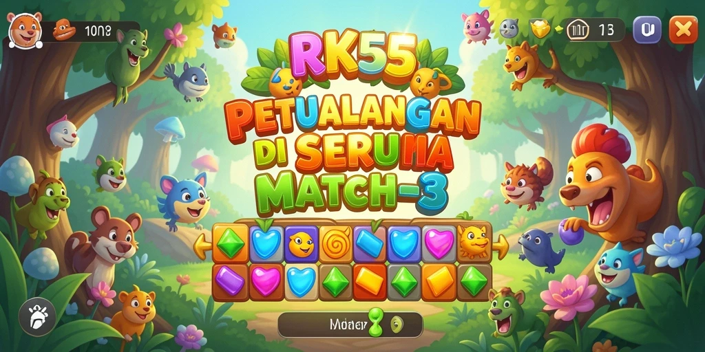 Tangkapan layar RK55 menunjukkan gameplay Match-3 yang penuh warna dan seru.